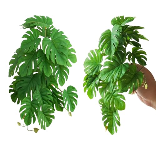 Reptile Plants for Terrarium, Artificial Hanging Plastic Plants with Suction Cups，Amphibian Tank Habitat Decor fit for Bearded Dragons Chameleon Lizards Snake 2Pack (A) - color: A