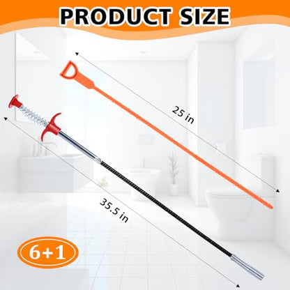 Hair Drain Clog Remover 7-Piece Set | 6x25” Plastic Sink Snake + 1x35” Stainless Steel Plumbing Snake | Drain Cleaner for Shower, Tub, Kitchen Sink & Toilet (35inch, Black+Orange) - color: Black+Orange, style: 35inch