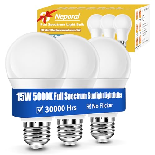 Neporal 15W Full Spectrum Light Bulb, 5000K UV-Free Natural Sunlight Bulbs, 15W 100W Equivalent LED Light Bulb, CRI 90+, No Flicker,1200Lumen Daylight Sun Lamp for Home & Office,3PK - color: 5000k Daylight, size: 3 Count (Pack of 1)