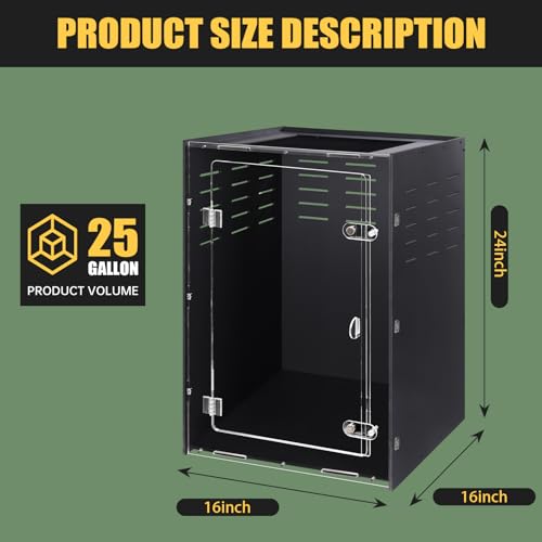 16" x 16" x 24" Black PVC Reptile Enclosure, Large Front Opening Arboreal Terrarium for Adult Geckos & Nocturnal Reptiles, Insulated Tank with Secure Lock