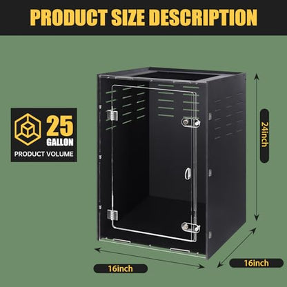16" x 16" x 24" Black PVC Reptile Enclosure, Large Front Opening Arboreal Terrarium for Adult Geckos & Nocturnal Reptiles, Insulated Tank with Secure Lock