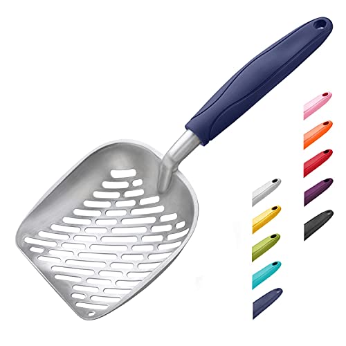 WePet Cat Litter Scoop, Aluminum Alloy Sifter, Kitty Metal Scooper, Deep Shovel with Diagonal Sifting Hole, Long Handle, Kitten Poop Lifter for Litter Box, Large Size, Blue Handle - color: #01 Blue, size: Large