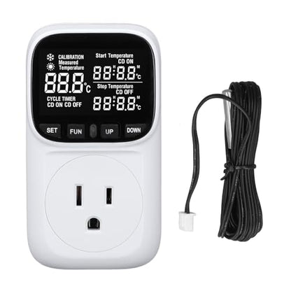Digital Thermostat Outlet Temperature Controller 15A 110V with Backlit LCD Screen IP67 Probe for Greenhouse Reptile Incubator Brewing Refrigerator Heating Cooling