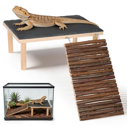 Bearded Dragon Basking Platform with Climbing Ramp,Leopard Gecko Basking Platform with Stone,Reptile Basking Rock Hide Cave Climing Accessories for Turtle,Snake,Lizard