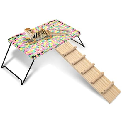Bearded Dragon Hammock with Ladder, Foldable Reptile Bed with Metal Legs, Cotton-Woven Reptile Basking Platform, Lizard Climbing Accessories for Leopard Gecko, Snakes, Frogs, Hermit Crabs