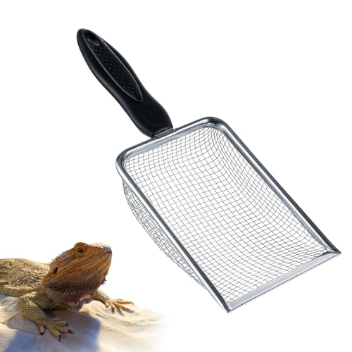 Stainless Steel Mesh Litter Shovel, Fine Mesh Metal Reptile Litter Cleaner Scooper, Black Non-Slip Handle Sifter for Lizard Substrate Reptile Terrarium Sand Waste, 2.8mm Mesh