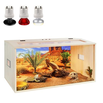 PROLEE Bearded Dragon Tank, 68 Gallons Wooden Reptile Enslosure, Tempered Glass Lizard Tank, Large Bearded Dragon Enclosure with Built-in Lamp Fixture for Lizard - size: 68 gallons