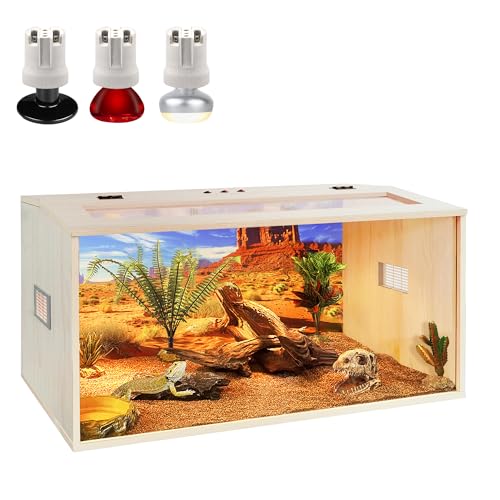 PROLEE Bearded Dragon Tank, 68 Gallons Wooden Reptile Enslosure, Tempered Glass Lizard Tank, Large Bearded Dragon Enclosure with Built-in Lamp Fixture for Lizard - size: 68 gallons