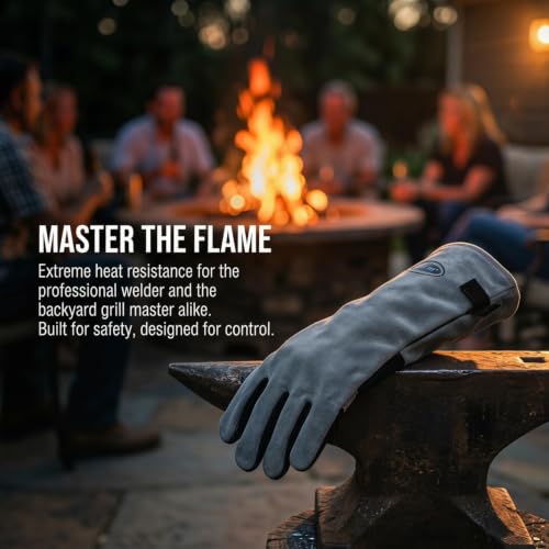 932℉ Leather Welding Gloves for Women Man, Heat Resistant Fire Long Sleeve Gloves for Tig Mig Stick BBQ Fireplace (Grey-Large) - size: Grey-Large