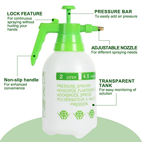 68oz Garden Pump Sprayer, 2L Hand Pressure Sprayer Bottle, 0.5 Gal Lawn Adjustable Sprayer for Plant Mister Spraying Weeds Home Cleaning Watering (Green) - color: Green