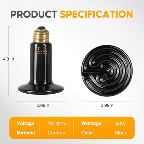 HealSmart 40W Reptile Heat Lamp Ceramic Heat Emitter, No Light Emitting Heat Bulbs, Suitable for Snake/Lizard/Spider, Plant Growth and Incubating Chicken, 2-Pack - size: 40 Watts, style: D-75mm (2.95")