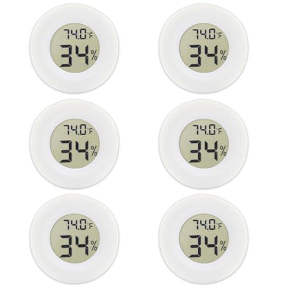 6-Pack Mini Round Hygrometer Thermometer Digital LCD Monitor Indoor Outdoor Humidity Meter Gauge Temperature for Humidifiers Greenhouse Reptile Fahrenheit Celsius White