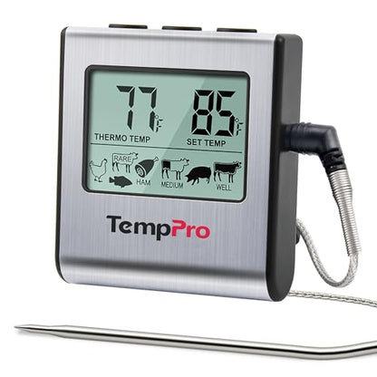 TempPro TP16 Large LCD Digital Meat Thermometer for Smoker Oven Kitchen BBQ Grill Thermometer Clock Timer with Stainless Steel Temperature Probe, Cooking Gifts for Father&Husband(Previously ThermoPro) - color: Light Silver