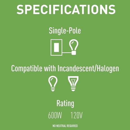 Legrand Pass & Seymour 600W Preset Rotary RFI Lighted Dimmer Light Switch, For Home Lighting & Ambient Mood Control, Incandescent & Halogen Bulbs, Single Pole, R600PLTKV, White, 1 Count