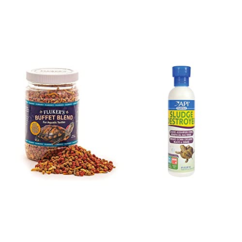 Fluker's 70131 Buffet Blend Aquatic Formula Turtle Food, 12oz and API Turtle Sludge Destroyer Aquarium Cleaner and Sludge Remover Treatment 8-Ounce Bottle Bundle