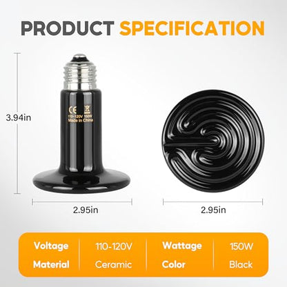HealSmart 150W Reptile Heat Lamp Ceramic Heat Emitter, No Light Emitting Heat Bulbs, Suitable for Snake/Lizard/Spider, Plant Growth and Incubating Chicken, 2-Pack - size: 150W, style: 2 Pack