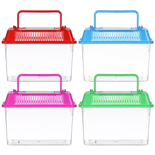 VANZACK 4 Pack Mini Fish Tank, Plastic Reptile Terrarium with Lid and Handle, Portable Plastic Fish Tank and Frog Carrier, Clear Critter Carrier for Small Fish, Turtles, Hamster, Snakes Aquarium