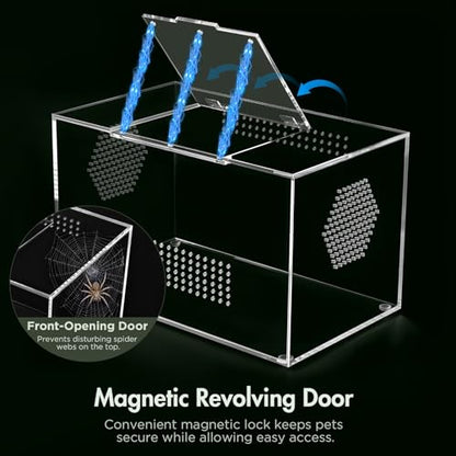 Acrylic Reptile Terrarium, Pre-Assembled Tarantula Enclosure with All-Side Ventilation & Magnetic Door, Tank for Spider, Gecko, Mantis, Frog, Snail, Isopods, 12"x7"x7" (Tweezer & Hygrometer Included) - size: Large Horizontal (12"×7"×7")