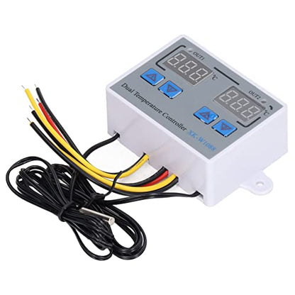Digital Dual Display Temperature Humidity Controller Thermostat Switch with 10K Sensor for HVAC Greenhouse Reptile Terrarium 12V Power ABS Housing 1M Cable