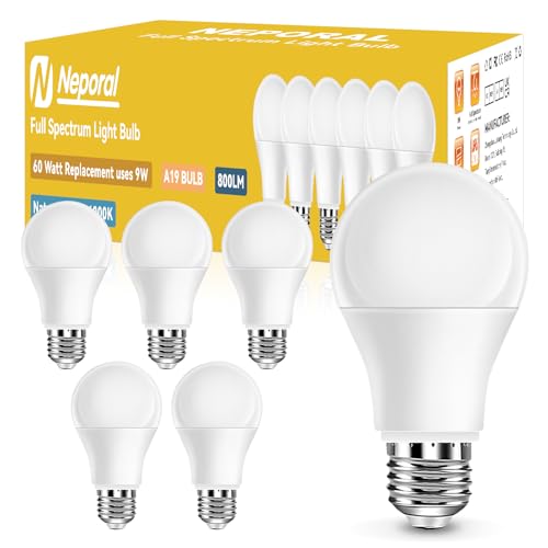 Full Spectrum Light Bulb, 6000K Natural Sunlight Bulbs, 9W 60W Equivalent LED Light Bulb, Natural Light Bulbs A19, E26/E27 LED Light Bulbs for Home, 6 Pack - color: 6000k Daylight, size: 6 Count (Pack of 1)