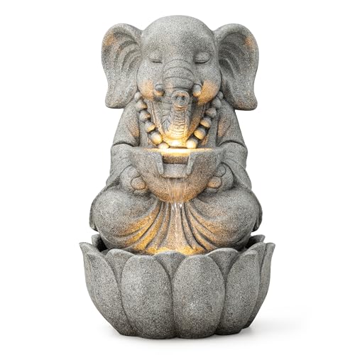 Glitzhome Outdoor Fountains and Waterfalls Zen-Style Concrete Resin Elephant Water Fountains with LED & Pump, Garden Patio Water Fountain Yard Fountain 2 Tier Floor Waterfall for Backyard Lawn 22" H - color: Concrete Elephant, size: 22"H
