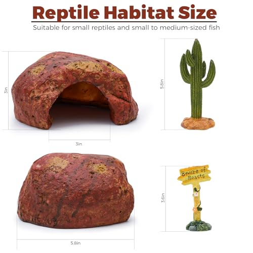3-in-1 Desert Theme Reptile Rock Cave Hide for Leopard Gecko & Snake - Naturalistic Tank Habitat Decor Set with Cactus Model, Interactive Warning Sign & Moist Hideout (Small Size)
