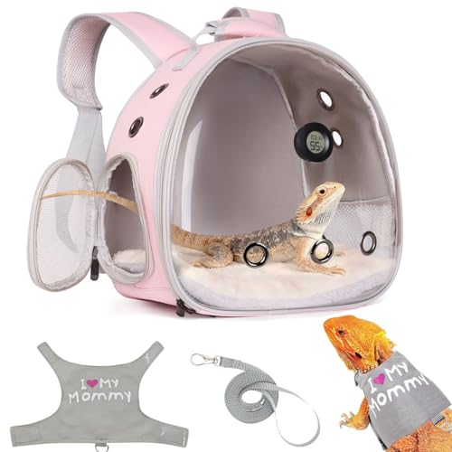 Bearded Dragon Travel Backpack Carrier with Reptile Thermometer and Humidity Gauge Lizard Travel Cage Space Capsule Clear Bubble Window Astronaut Reptile Bag for Ball Python (Pink, Backpack+I LSH) - color: Pink, size: Backpack+I LSH