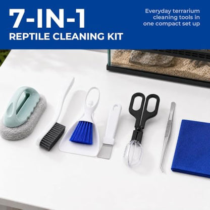 Reptile Tank Cleaner Kit, 7PCS Terrarium Cleaning Set With Dustpan, Brush And Feeding Tongs, Bearded Dragon Cage Cleaning Supplies For Lizard, Gecko, Snake, Turtle, Frog Enclosures And Daily Maintenan