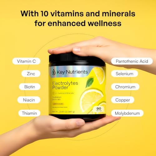 KEY NUTRIENTS Multivitamin Electrolytes Powder No Sugar - Refreshing Lemonade Electrolyte Powder - Sodium & Energy Supplement - Hydration Powder - No Calories - 90 Servings - Made in USA