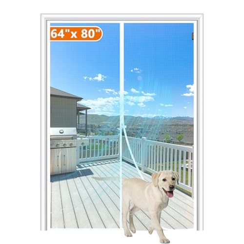 MAGZO Magnetic Screen Door Fits Door Size 64"x 80", Heavy Duty Mesh White | 66" x 81" Heavy Duty Door Screen Magnetic Mesh Screen Door& Windproof Fastener, Pet Friendly Patio Hands-Free Mesh - color: White, size: 64" x 80" Door (66" x 81" Screen)