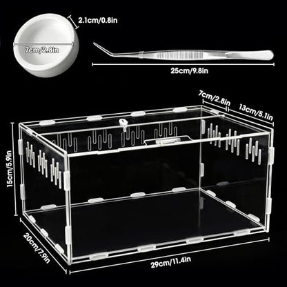 Acrylic Reptile Terrarium, Tarantula Enclosure with Magnetic Door, Easy-Clean Reptile Tank for Spider, Insect, Gecko, Mantis, Frog, Snail, Isopods- 11.4" X 7.8" X 5.9"(Tweezer and Bowl Included) - size: Basic Horizontal - Kit