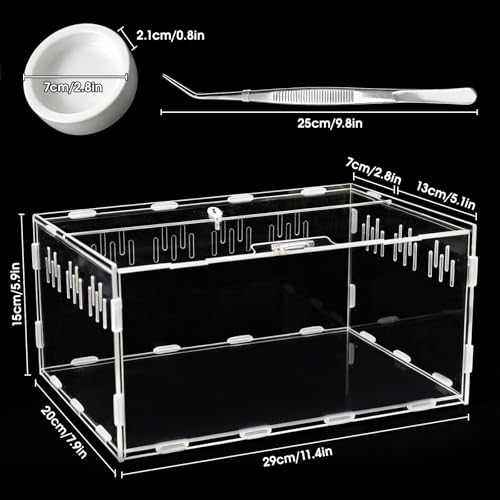 Acrylic Reptile Terrarium, Tarantula Enclosure with Magnetic Door, Easy-Clean Reptile Tank for Spider, Insect, Gecko, Mantis, Frog, Snail, Isopods- 11.4" X 7.8" X 5.9"(Tweezer and Bowl Included)