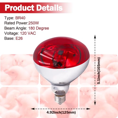 250 Watt R40 Red Heat Lamp Bulbs (2-Pack) - Infrared Incandescent Light Bulb for Chickens, Chicks, Reptiles, Pets, Poultry, Brooder, Coop, Bathroom & Sauna - E26 Base, 120V