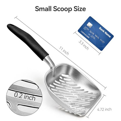Cat Litter Scoop, Kitty Metal Scooper, Heavy Duty Aluminum Deep Sifter with Long Handle, Rustproof Durable Kitten Poop Shovel for Travel & Small Litter Box - color: Black, size: Medium