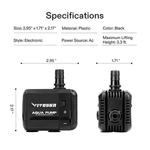 VIVOSUN 2-pack 210GPH Submersible Pump(800L/H, 8W), Ultra Quiet Water Pump with 3.3ft High Lift, Fountain Pump with 5ft Power Cord, 2 Nozzles for Fish Tank, Pond, Aquarium, Statuary, Hydroponics - size: 6"×5"-210-2-pack