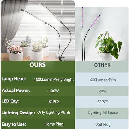 GHodec Grow Light,Full Spectrum White 84 LED Clip Plant Lights for Indoor Plants Growing, 4/8/12H Timer & 5 Dimmable Levels (80W) - size: 80W