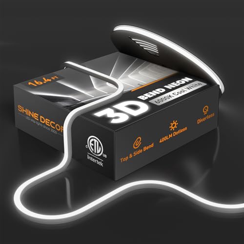 Shine Decor 3D LED Neon Rope Lights AC 120V, Top & Side Bend 400LM Dotless, Driverless IP65 Waterproof Cold-Resistant ETL Silicone Strip for Home Commercial 10x10mm, 6000K Cool White, 16.4ft - color: 6000K Cool White, size: 16.4 ft