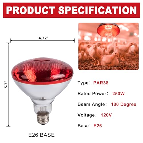 4 Pack 250W Chicken Heat Lamp Bulbs, PAR38 Red Heat Lamp for Chicks, Infrared Reflector Heating Bulbs for Brooder Heater, Infrared Heat Lamp for Pet, Bathroom, Food