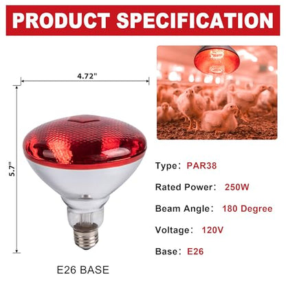 4 Pack 250W Chicken Heat Lamp Bulbs, PAR38 Red Heat Lamp for Chicks, Infrared Reflector Heating Bulbs for Brooder Heater, Infrared Heat Lamp for Pet, Bathroom, Food