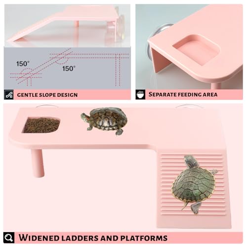 Turtle Basking Platform with Feeding Area,Turtle Basking Platform Large-with Two Strong Vacuum Suction Cups and Support Base,Suitable for Deep-Water and Semi-Aquatic Turtles (Pink, Medium)