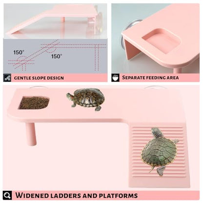 Turtle Basking Platform with Feeding Area,Turtle Basking Platform Large-with Two Strong Vacuum Suction Cups and Support Base,Suitable for Deep-Water and Semi-Aquatic Turtles (Pink, Medium)