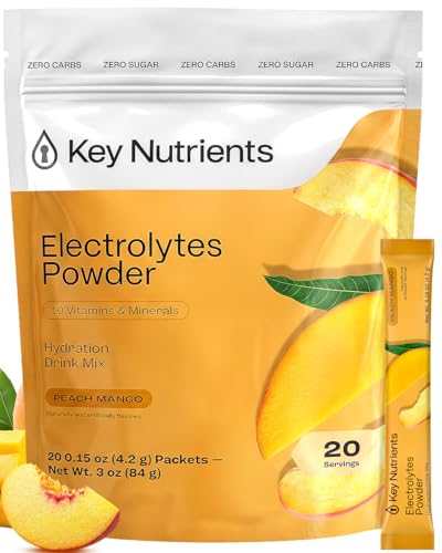KEY NUTRIENTS Selenium Electrolytes Powder Packets - Multivitamin Peach Mango 20 Pack Hydration Packets - Travel Hydration Powder - Improved Refreshing Taste - Made in USA - No Sugar, Gluten Free - size: 20 Servings