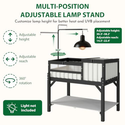 Modern Black & White Tortoise Habitat with Privacy Hide Panel, 2-Zone Wooden Reptile Enclosure with Adjustable Lamp Stand, Storage Shelf, Acrylic Viewing Window for Tortoises, Geckos & Small Reptiles