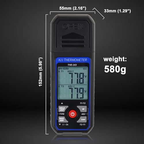 Thermocouple Thermometer HVAC Temperature Meter, Digital Temperature Thermometer with 2 Temperature Clamp & 2 Wired Thermocouple Probes, Dual Channel with Alarm & ADJ Compensation (-328~2500℉ Range)
