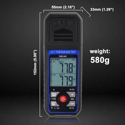 Thermocouple Thermometer HVAC Temperature Meter, Digital Temperature Thermometer with 2 Temperature Clamp & 2 Wired Thermocouple Probes, Dual Channel with Alarm & ADJ Compensation (-328~2500℉ Range)