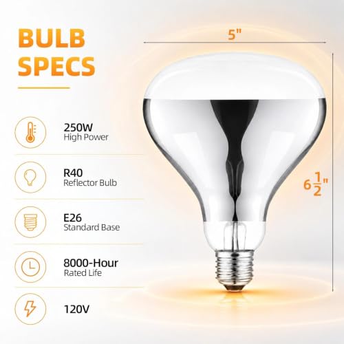 250W Clear Heat Lamp Bulbs, 8000 Hours Rated, R40 Bathroom Shower Incandescent Light Bulb, Infrared Heating for Chickens, Reptiles, Pets, Food, E26 Base, 1 Pack - color: White, size: 1 Pack