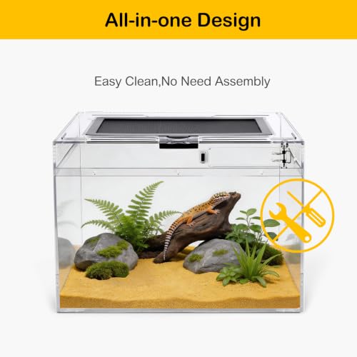 HELIME Reptile Tank 7 Piece Starter Kit with Escape Proof Locking Lid XL | All in One lizard Terrarium,Polycarbonate Leopard Gecko Enclosure Frogs Cage with Light,Hygrometer,Hide,Tweezer,Bowl,Sprayer - size: XLarge(19.5x9.4x10.5IN)