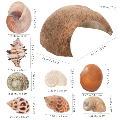 SHINEOFI Coconut Shell Hideout with 8 Large Hermit Crab Seashells Natural Reptile Shelter Small Pet Hide Cave for Aquarium Turtle Rest Hut and Lizard Habitat Decor