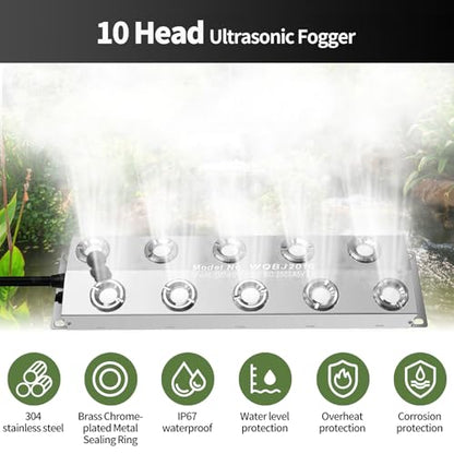 Mist Maker 10 Head, Ultrasonic Fogger7000ml/H for Pond Mist & Halloween - 350W IP67 Waterproof, Stainless Steel w/ 5M Cord & Full Kits (Landscape Effects, Vegetable Freshness)