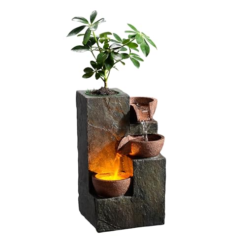 Tabletop Indoor Water Fountain – 3-Tier Rock Waterfall Fountain with Warm LED Light and DIY Planting Pot – Relaxing Small Water Feature for Desk or Home Decor (23061) - color: 3-bowl Rock